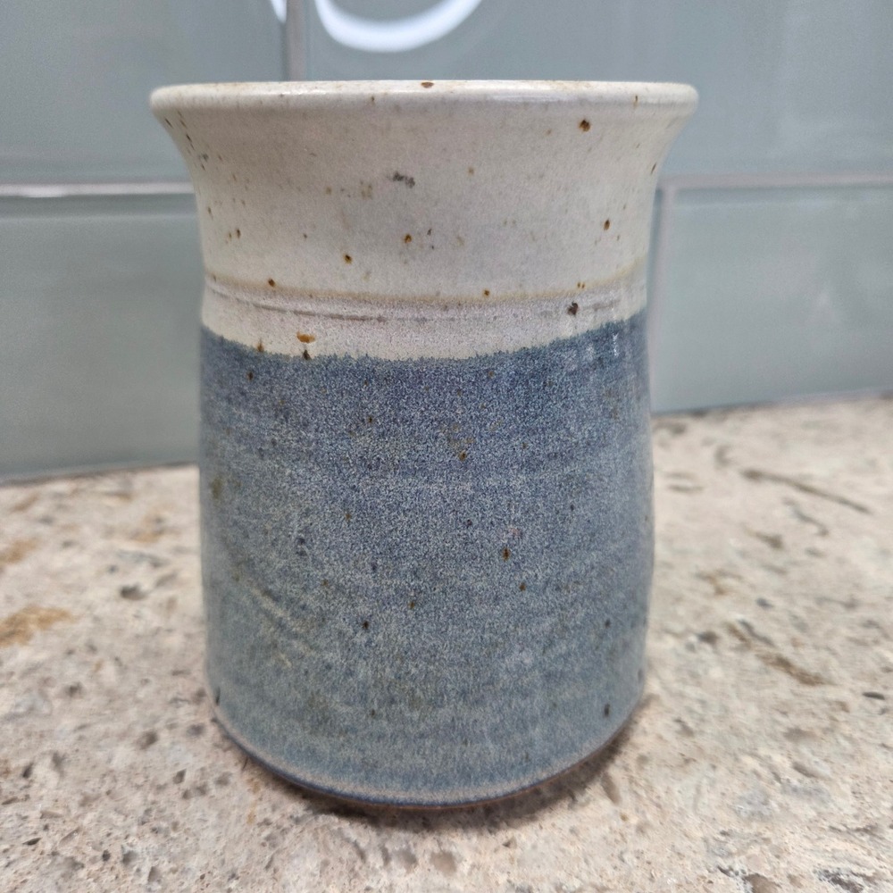 Studio Pottery Handcrafted Stoneware Vase Two Tone Blue White Salt Glaze Signed‎